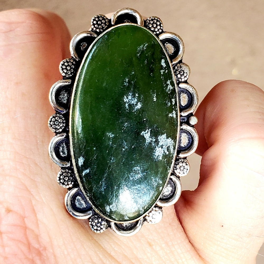 New Huge Green Jade Silver Statement Ring.